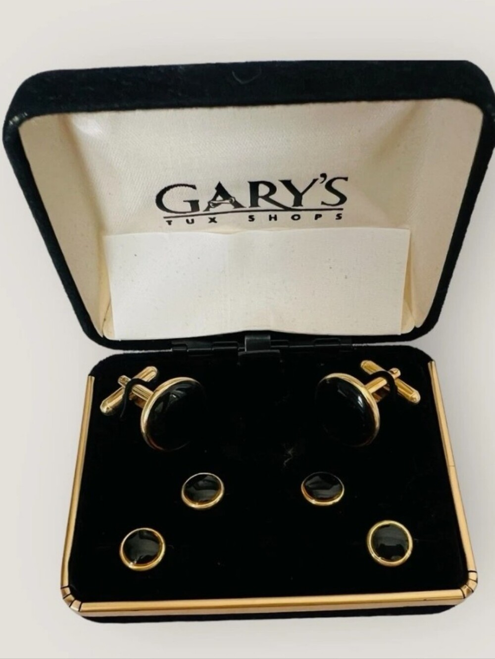 👉*VTG* ROUND BLACK & GOLD FORMAL CUFF LINK & SHIRT STUDS IN ORIGINAL BOX